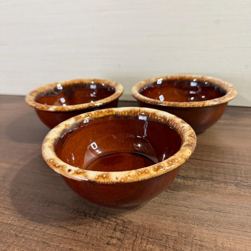 VTG Hull Pottery Brown Drip Bowls (3) Oven Proof USA Mirror Brown Cereal Bowl